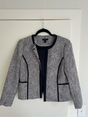 J. Crew Gray Tweed Collarless Jacket with Black Piping